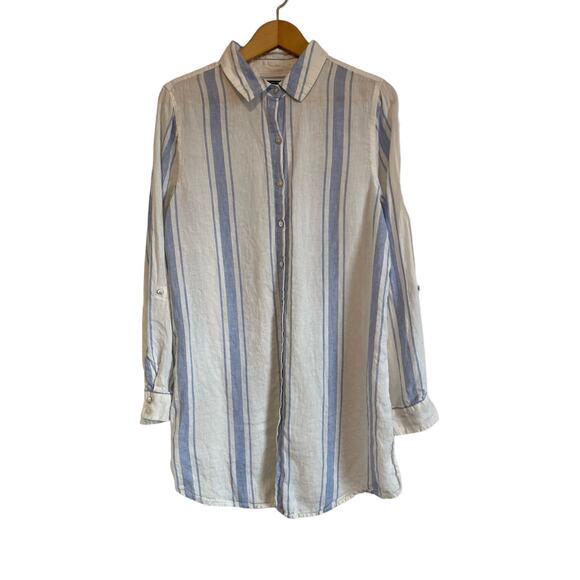 Jones & Co blue striped linen button up shirt collared roll tab sleeves Size L - Picture 7 of 7
